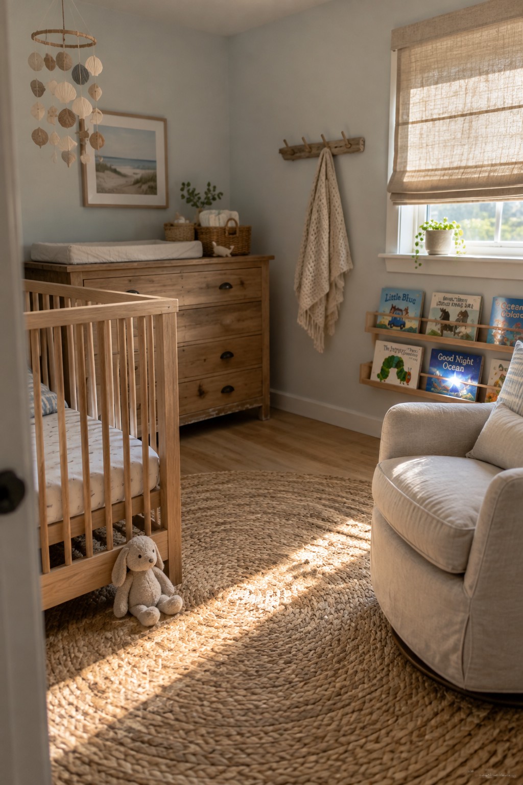 A wooden crib and dresser with a changing pad sit in a nursery with a woven rug and upholstered chair.