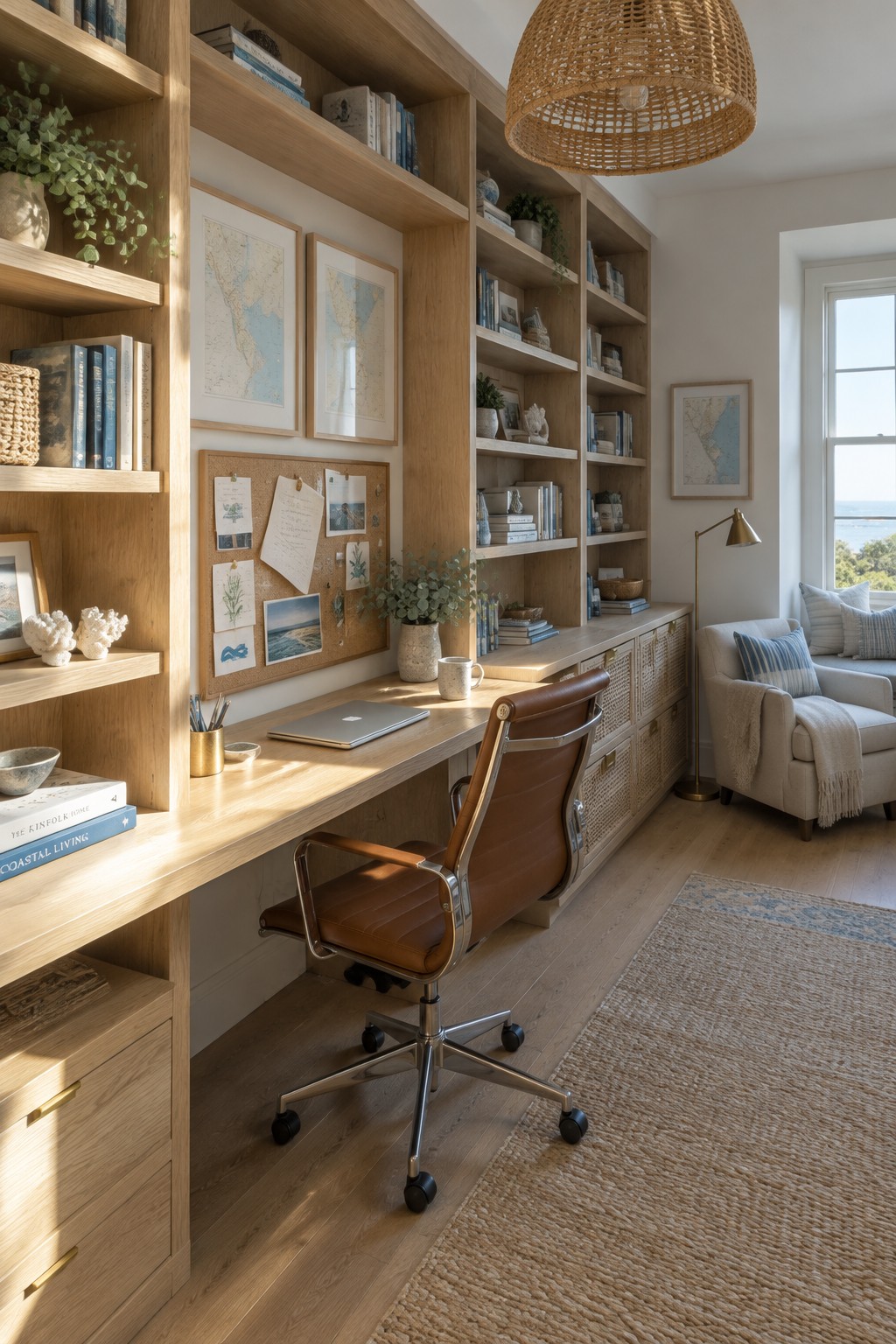 A wooden built-in desk and bookshelves in a coastal home office, with a brown swivel chair and a corkboard above the desk.