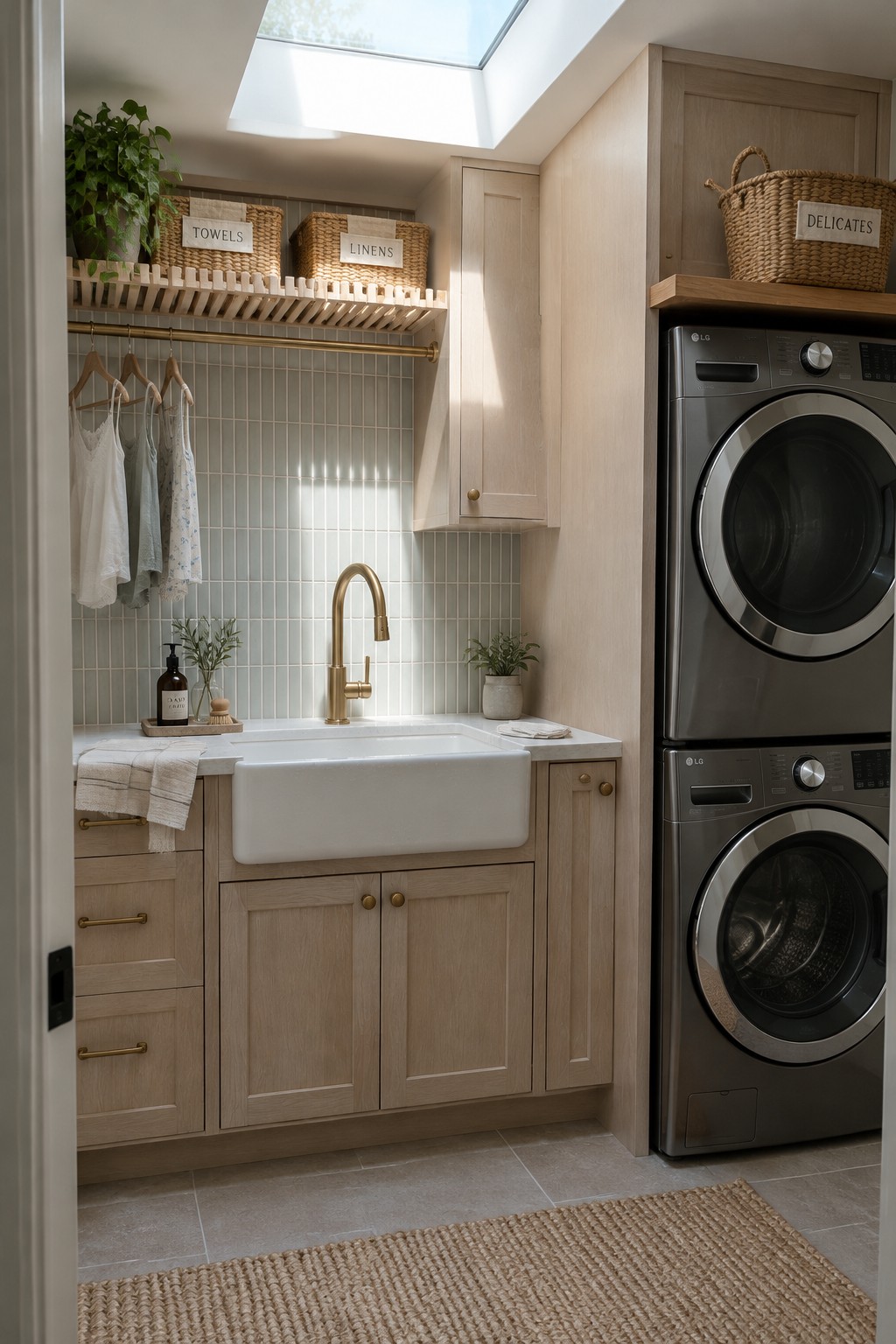 A compact laundry room with light wood cabinets, a white farmhouse sink, stacked front-loading machines, and labeled woven baskets.