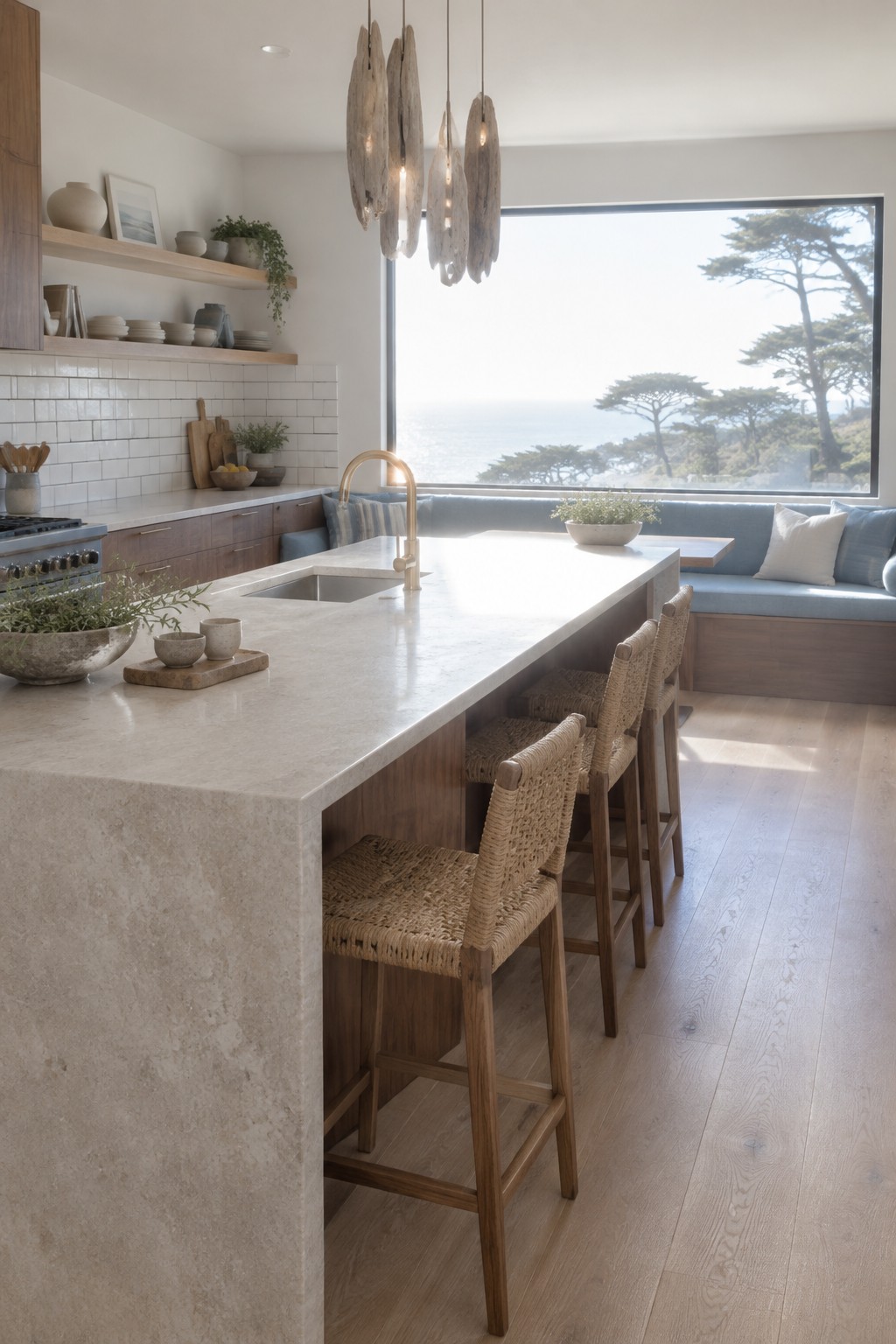 A kitchen island with a pale stone countertop, a sink, and woven stools beside a window seat.