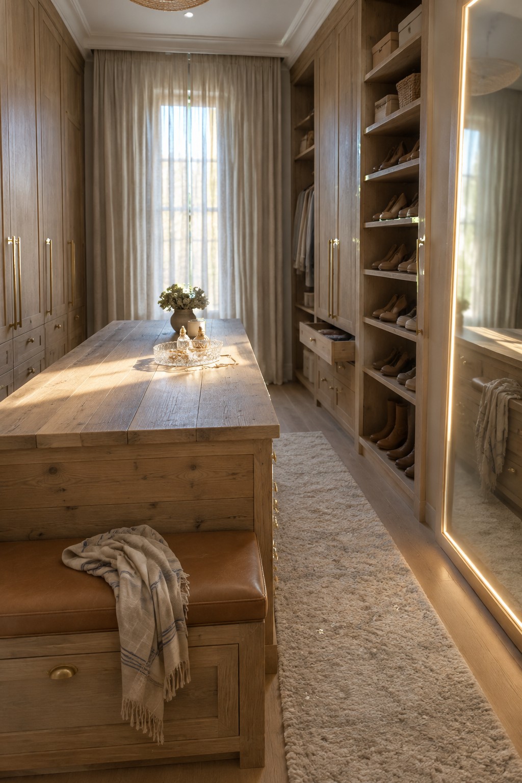 A wood dressing room island with drawers and a leather bench sits between built-in wardrobes and shoe shelves.