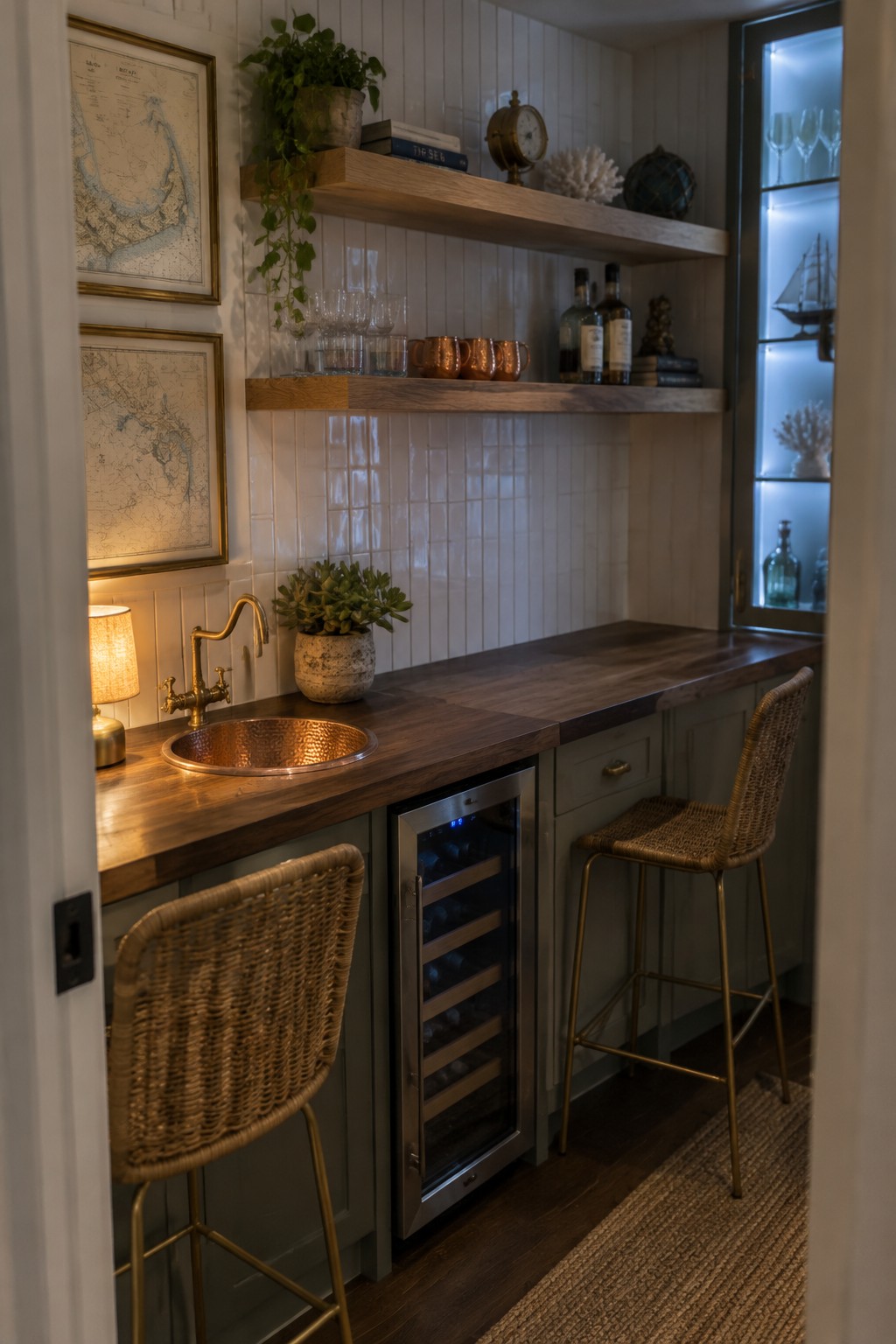A compact home bar with a dark wood counter, copper sink, open shelves, glass-front wine fridge, and two woven bar stools.