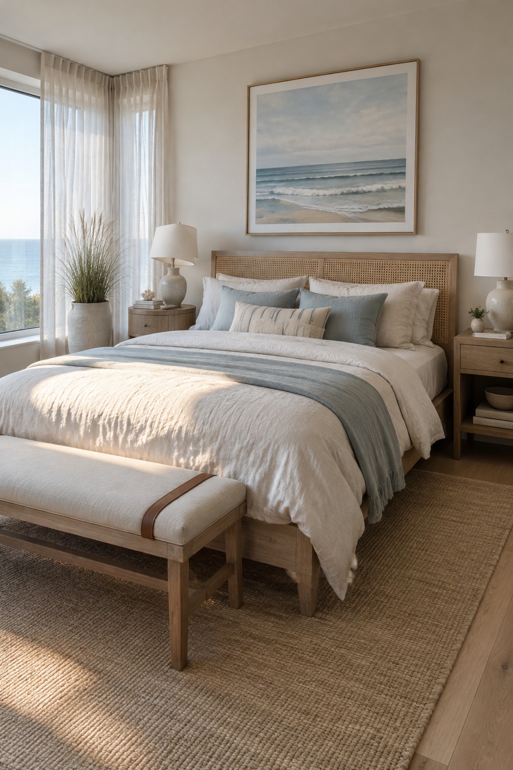 A coastal bedroom with a woven cane headboard, white bedding, pale blue accents, and a wood bench at the foot of the bed.