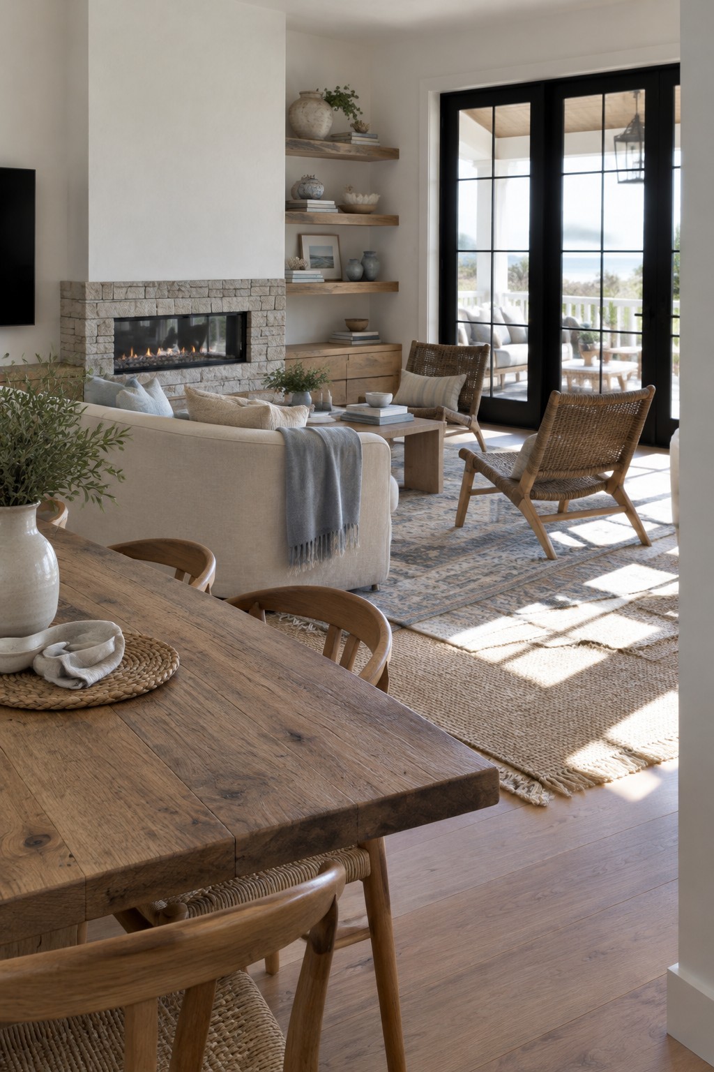 A coastal living room with wood open shelves beside a stone fireplace, woven chairs, and black-framed glass doors.