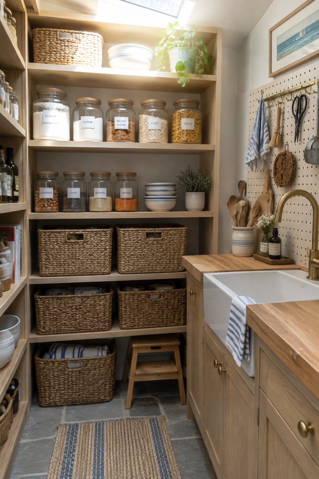 Open natural wood pantry shelves hold labeled glass jars, woven baskets, and stacked dishes beside a farmhouse sink.