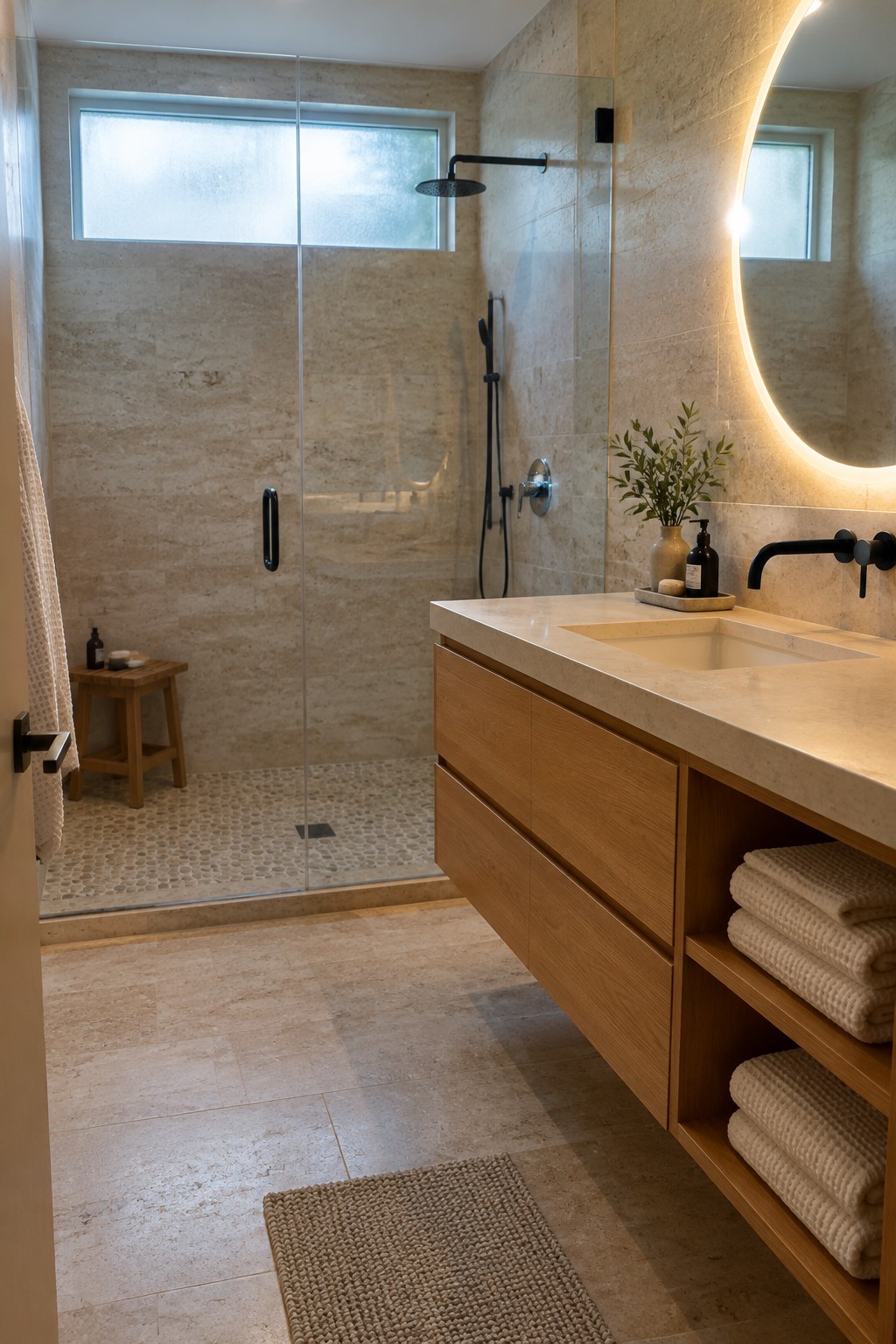 A bathroom with a wood vanity and open towel shelves beside a glass shower with beige stone tile.