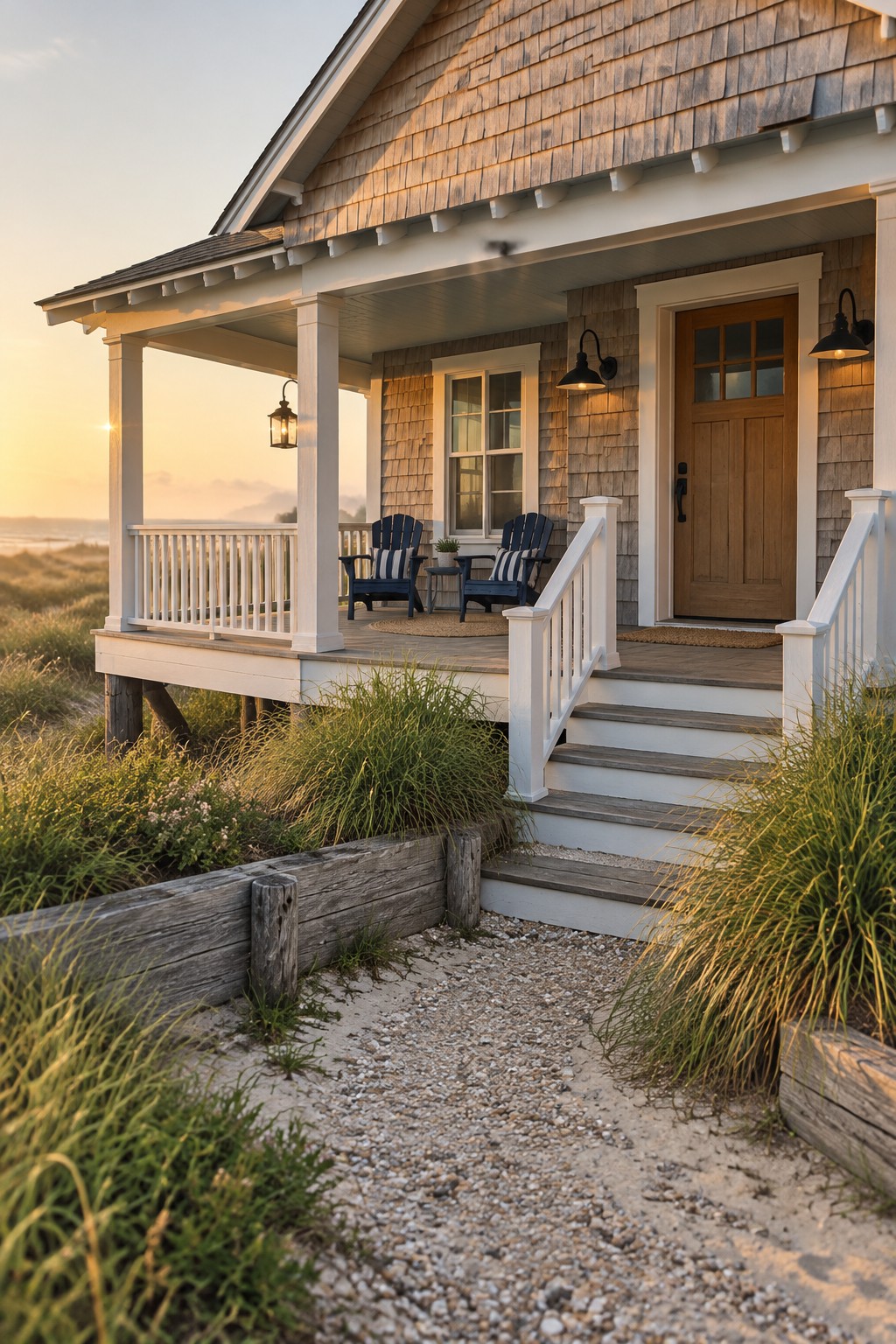 A shingled coastal cottage with white porch trim, wooden front door, and two chairs on a covered porch.
