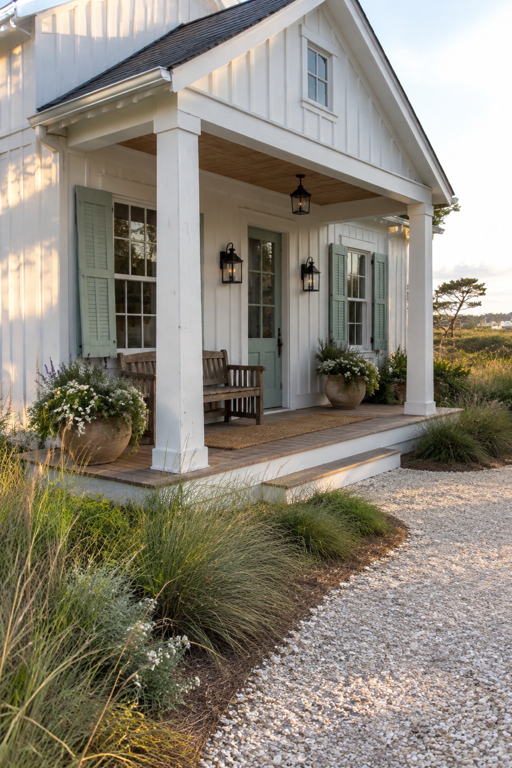 White coastal cottage with a covered front porch, pale green door and shutters, wooden bench, and potted flowers.