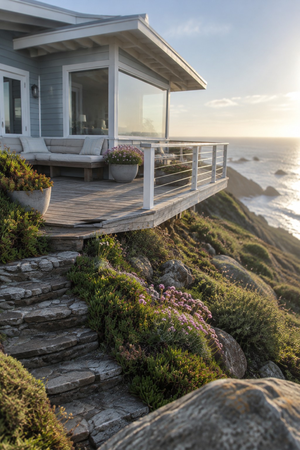A coastal house with gray siding and white trim has a raised wooden deck, metal railing, and stone steps on a rocky slope above the ocean.