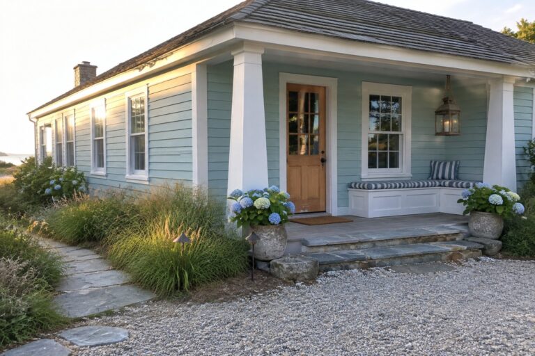 A pale blue coastal cottage with white trim, a covered porch, and a gravel path with stepping stones.