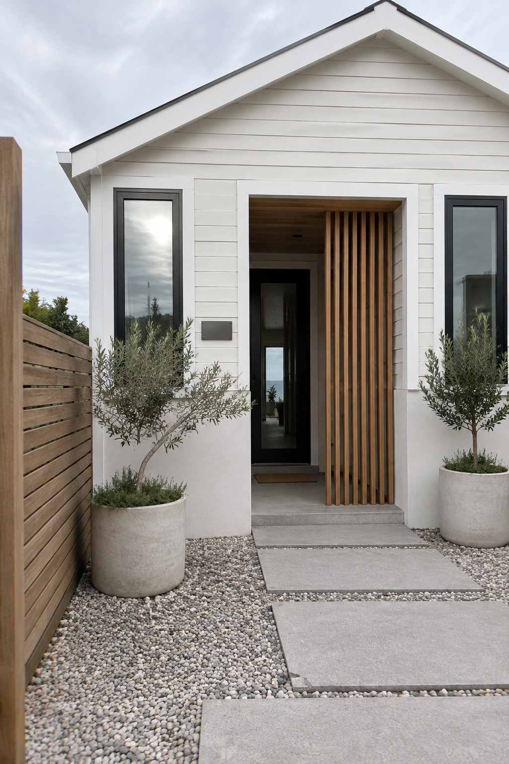 White-sided house with contrasting white trim, a recessed front entry, vertical wood slats, and a gravel path with concrete stepping stones.