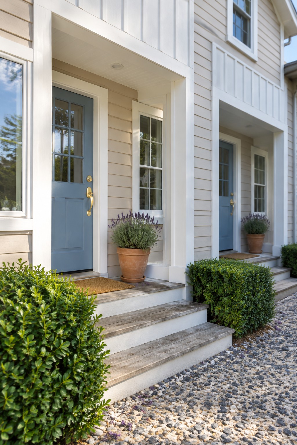 A pale clapboard house with white trim, blue entry doors, wooden steps, and potted plants.