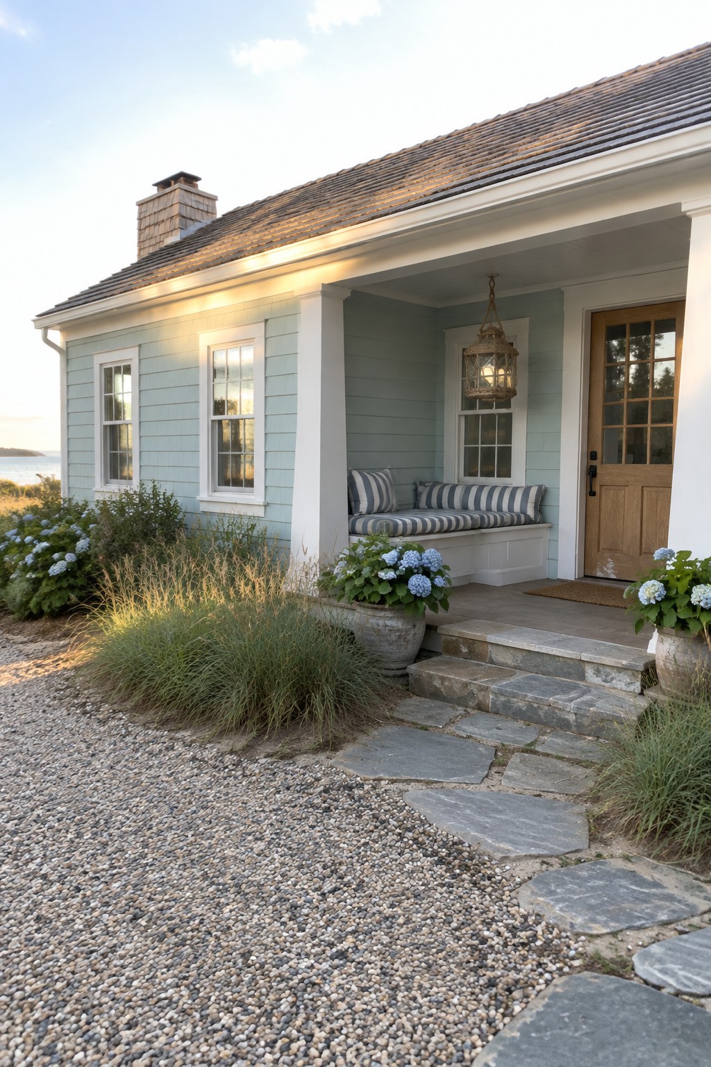 A pale blue coastal cottage with white trim, a covered porch, and a gravel path with stepping stones.