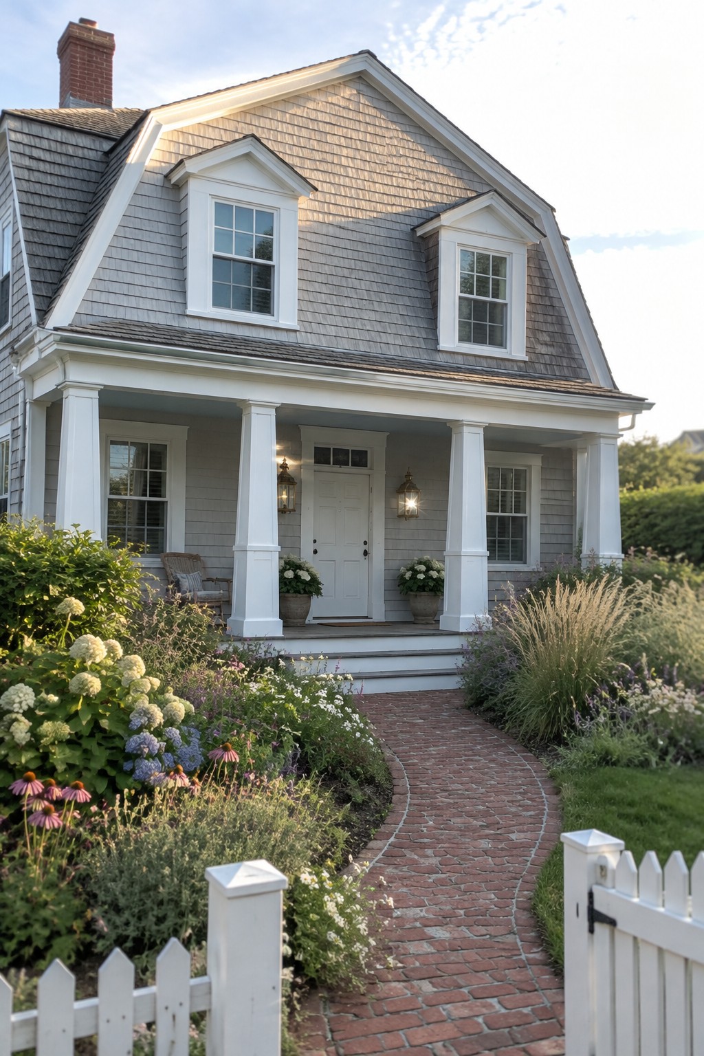 Gray shingle-sided house with white trim, a covered front porch, and a brick walkway.