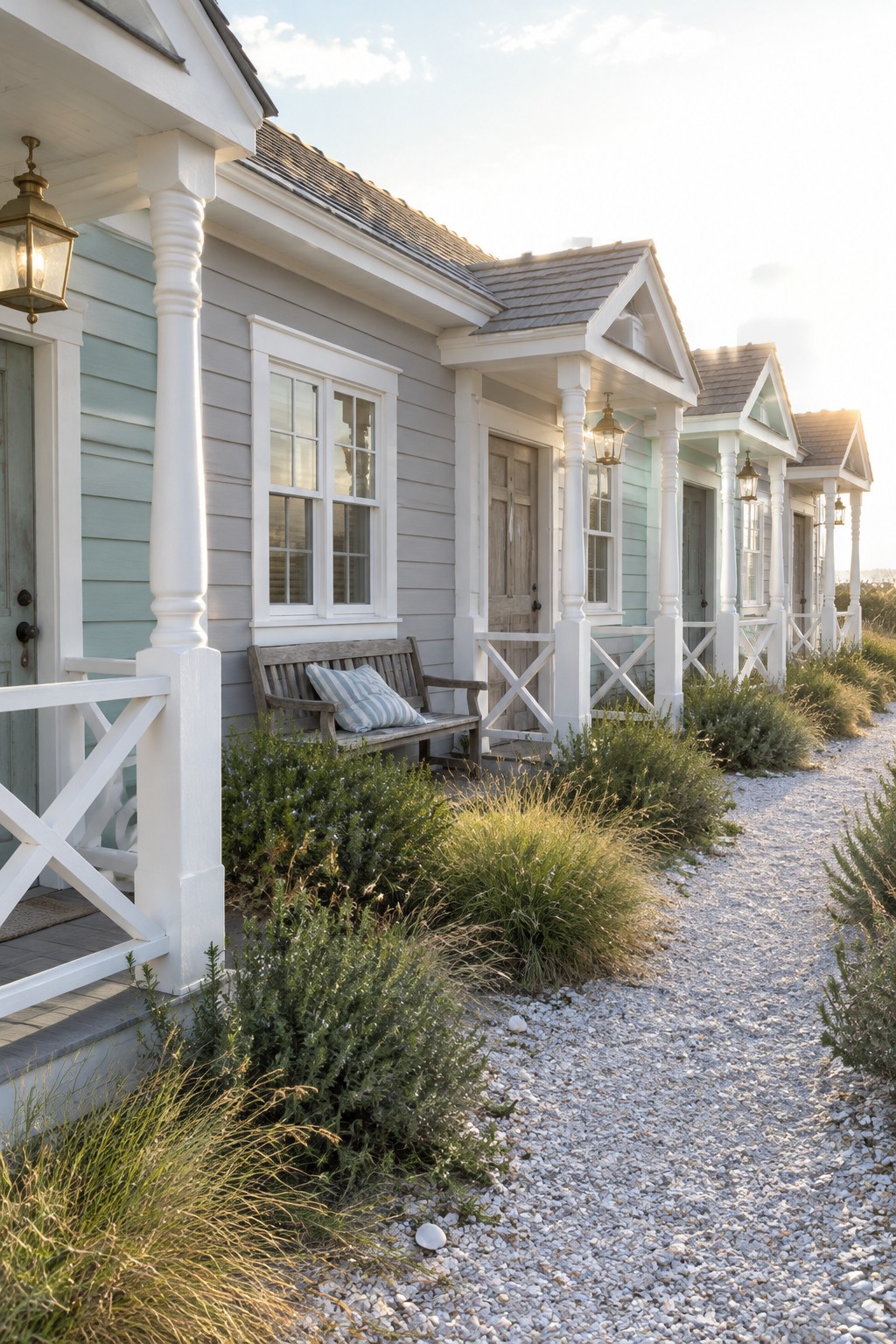A row of pale blue and gray coastal cottages with white trim, covered porches, and a gravel path.