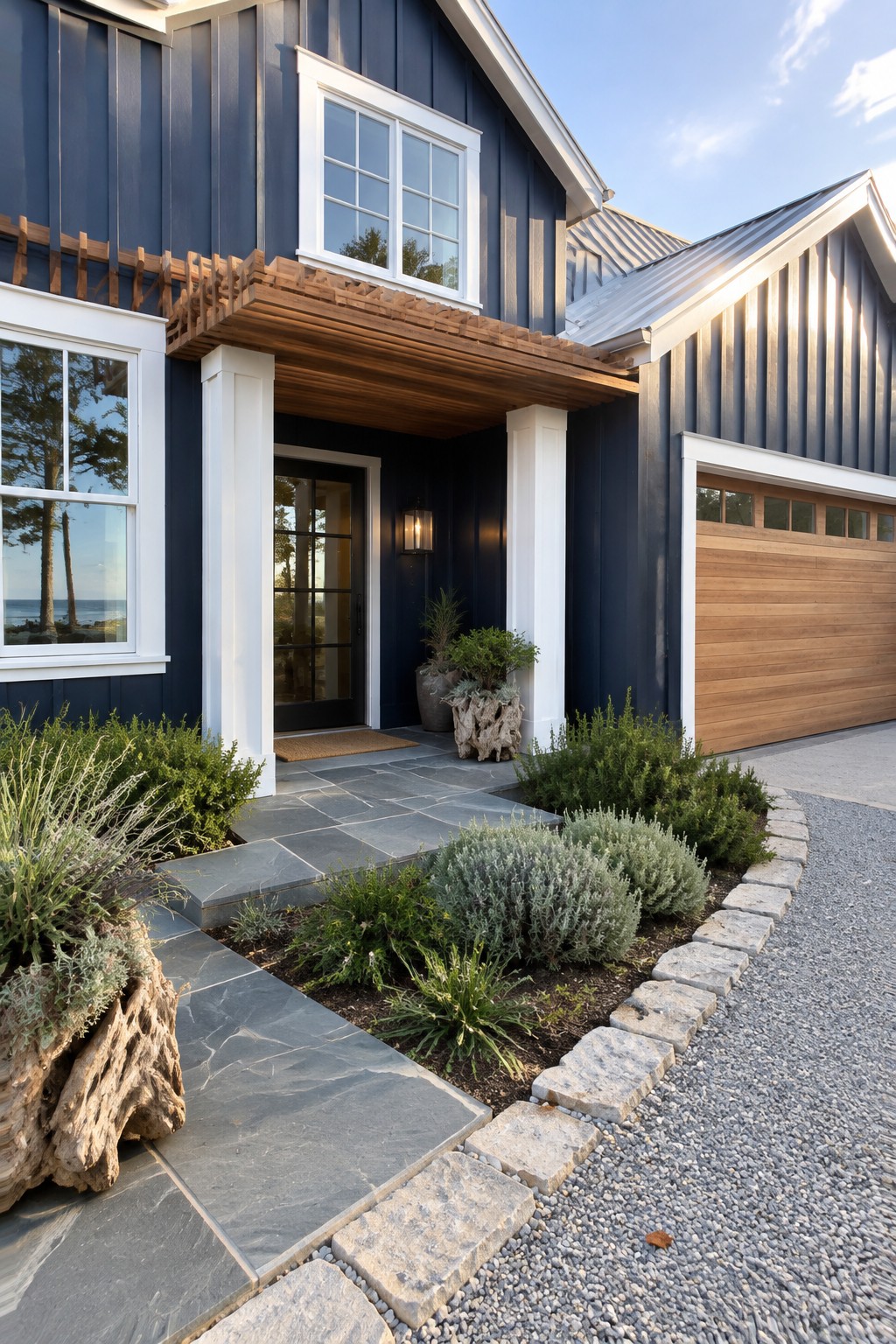 A dark blue coastal house with white window trim and porch columns, a wood garage door, and a stone entry path.