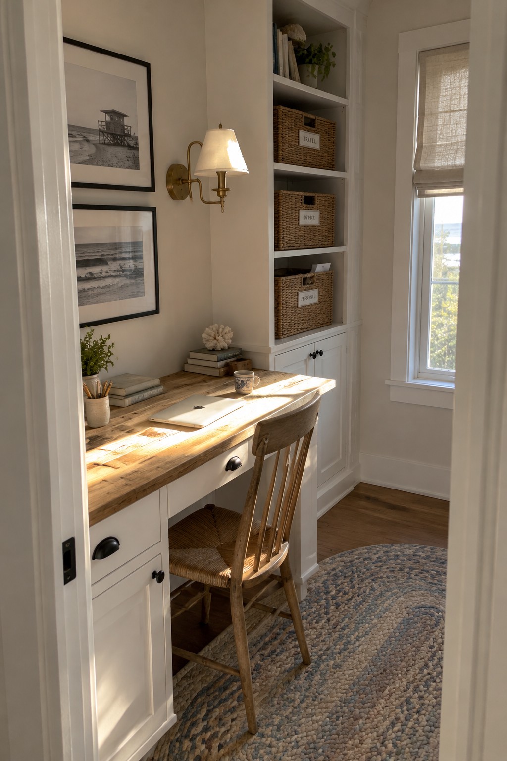 A compact home office with a wood desktop, white built-in shelves and cabinets, wicker storage baskets, and a wooden chair.