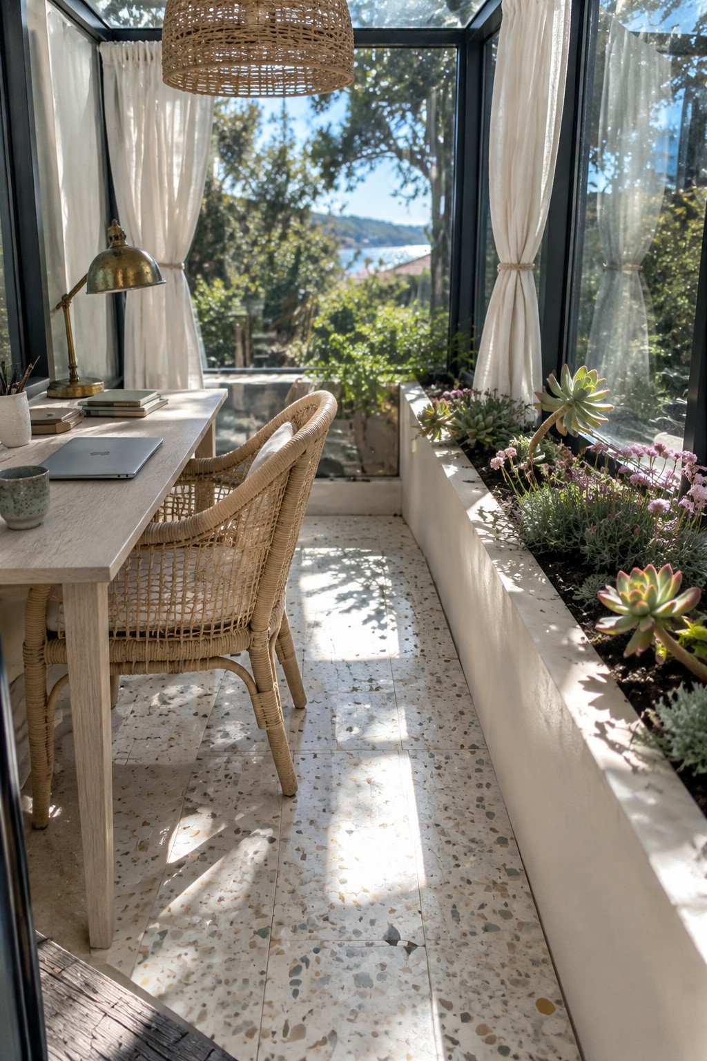 A light wood desk and woven chair sit beside large windows in a narrow room with a raised planter along the glass.