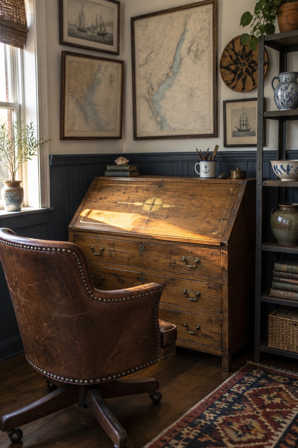 A wooden sloped-front desk with drawers sits beneath framed maps beside a leather swivel chair.