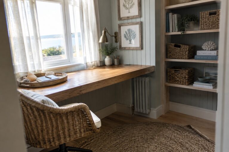A wooden built-in desk sits beneath a window in a coastal home office, with a wicker chair and shelves nearby.