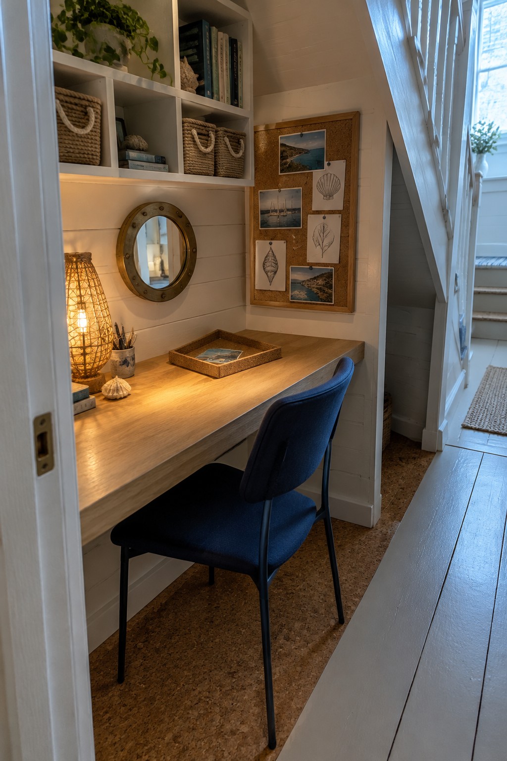 A compact home office in a white alcove with a wooden desk, wall shelves, woven baskets, and a navy chair.