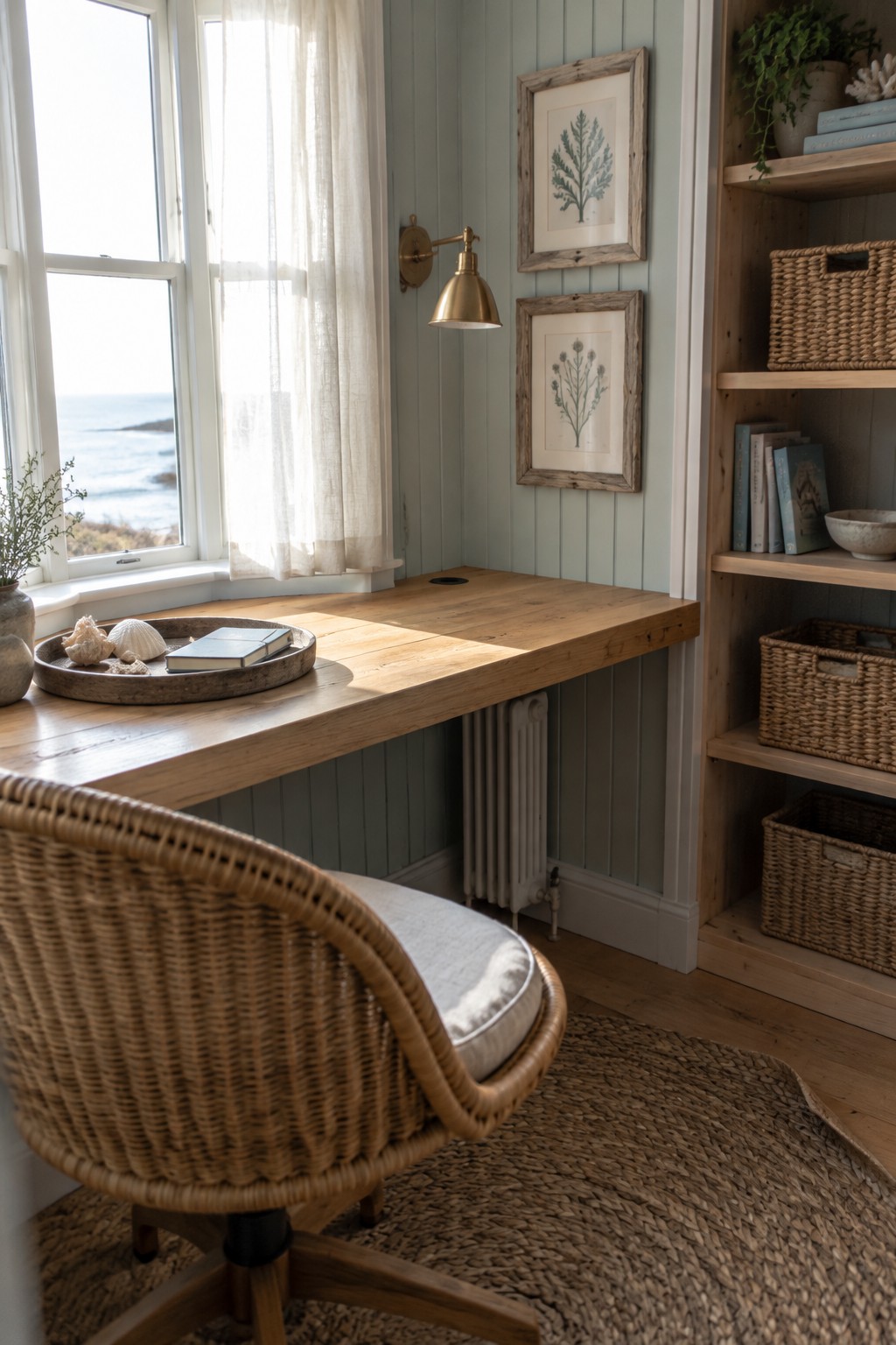 A wooden built-in desk sits beneath a window in a coastal home office, with a wicker chair and shelves nearby.