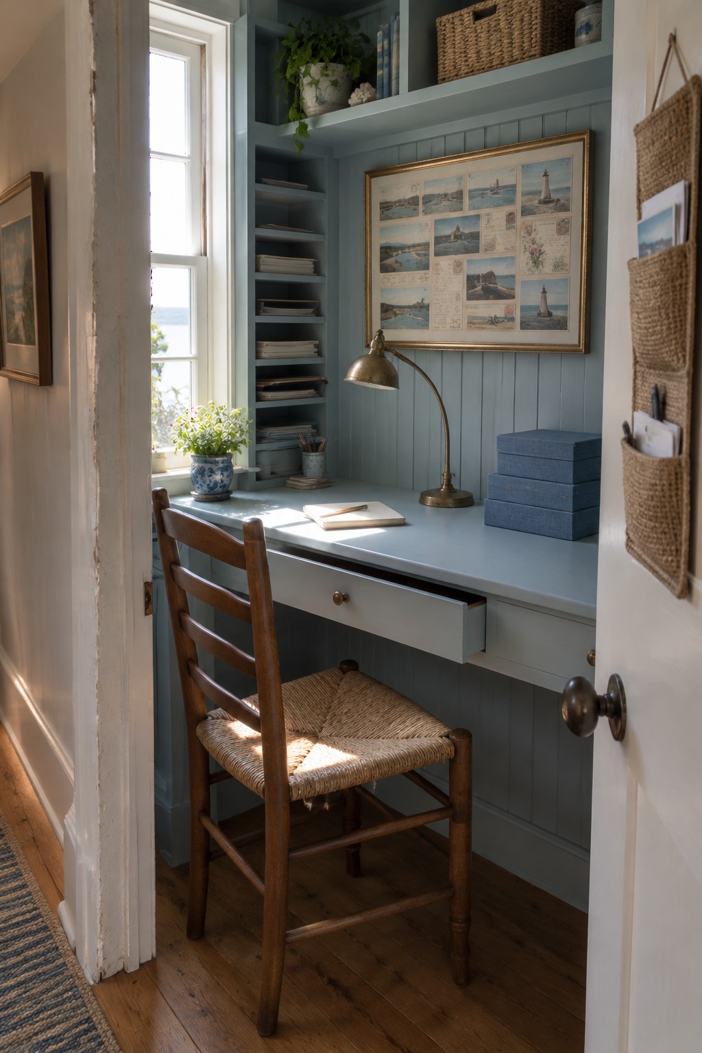 A compact blue home office with a built-in desk and shelves, a wooden chair, and a framed coastal print.