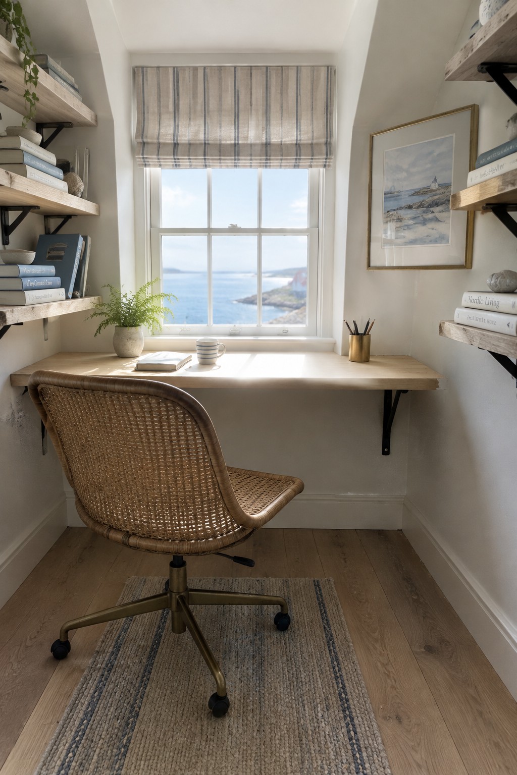 A compact home office with a wall-mounted wooden desk, woven chair, side shelves, and a striped Roman shade over a window overlooking the coast.