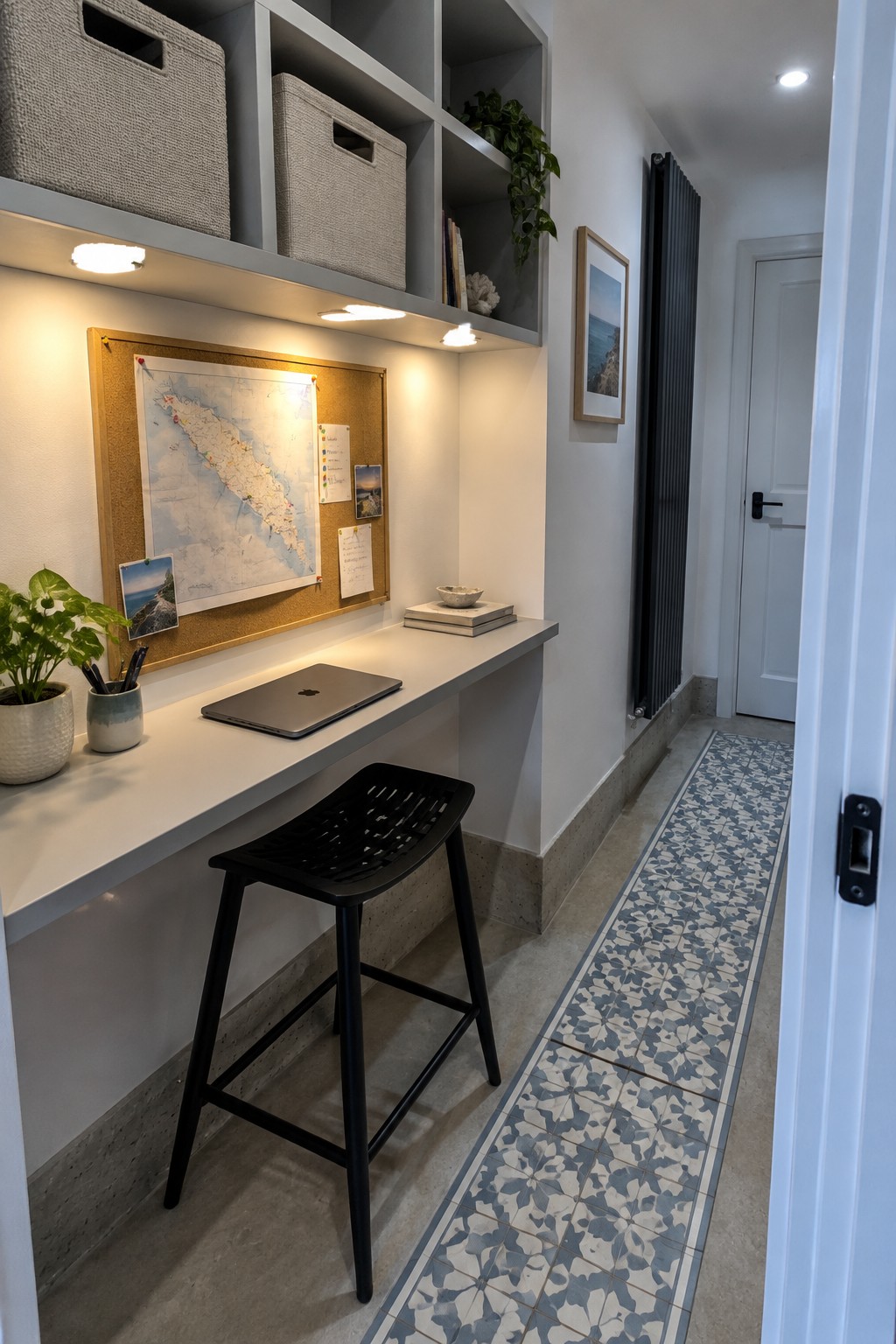 A narrow hallway with a white wall-mounted desk, black stool, overhead shelves, and patterned blue-and-white floor tiles.
