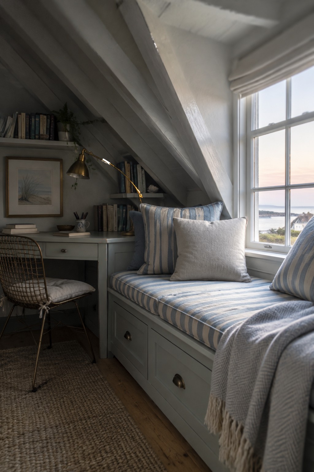 A built-in window seat with blue striped cushions and storage drawers sits beside a small desk beneath a sloped ceiling.
