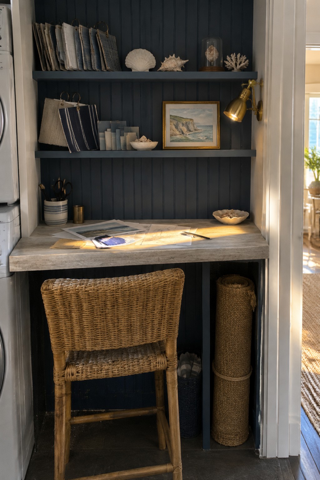 A compact desk nook with dark beadboard, two shelves, a stone counter, and a woven chair.