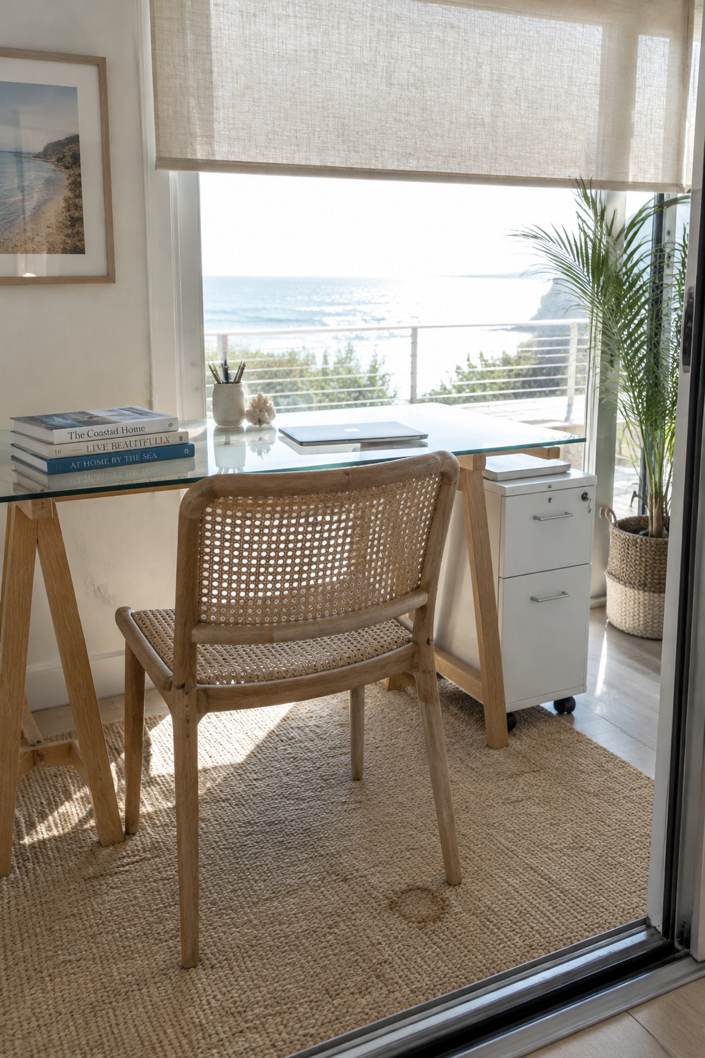 A glass-top desk with wooden legs sits beside a woven chair in front of a large window with a beige roller shade.