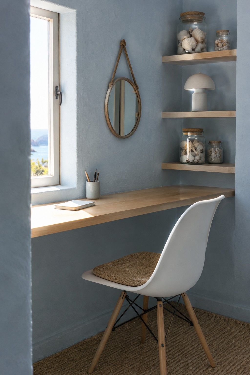 A wooden desk sits beneath a window in a small blue-walled office, with wall shelves and a white chair.