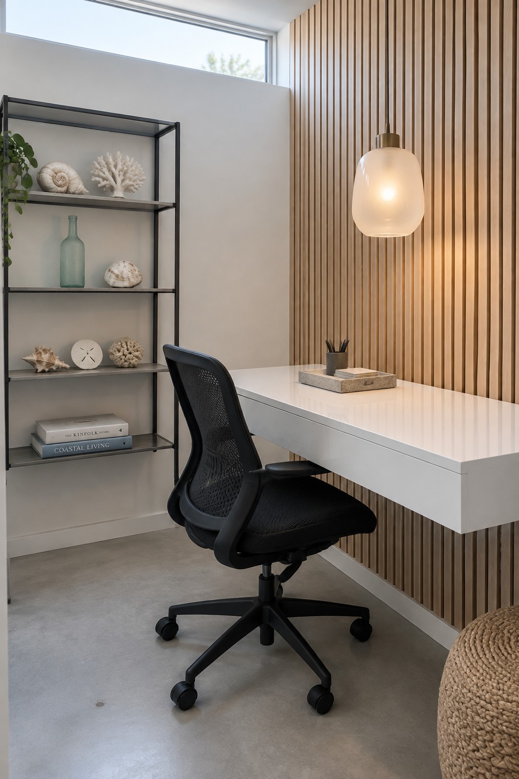 A white floating desk sits against a vertical wood-slat wall beside a black office chair and open shelving.