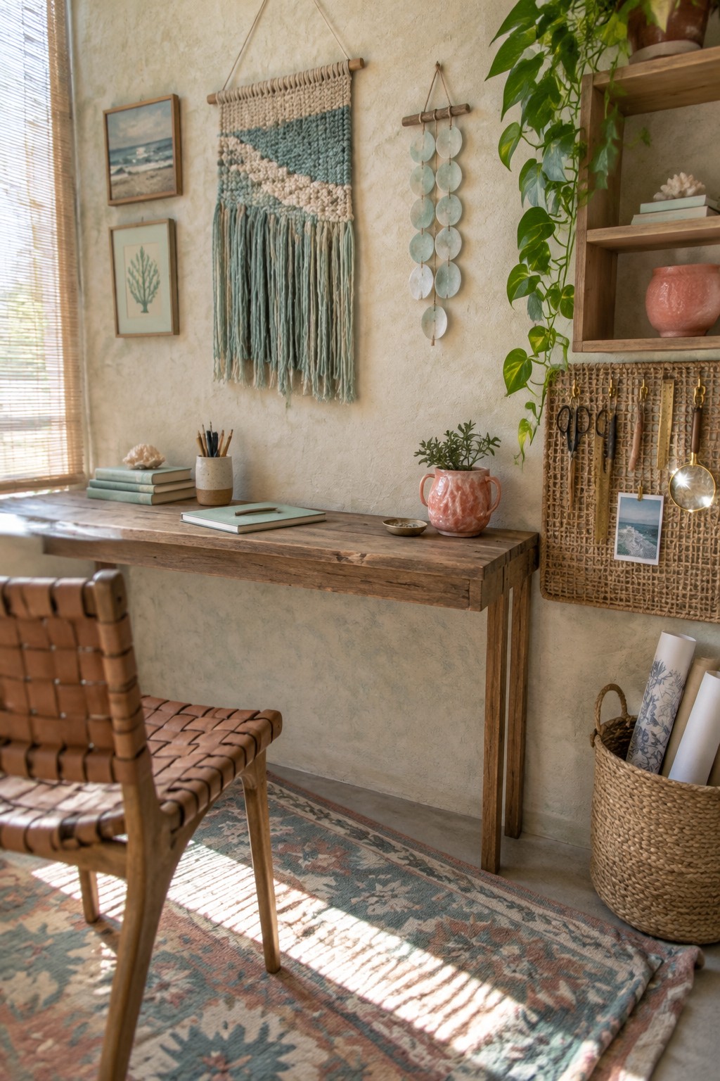 A small home office with a wooden desk, a woven sea-green wall hanging, framed prints, and a woven chair.