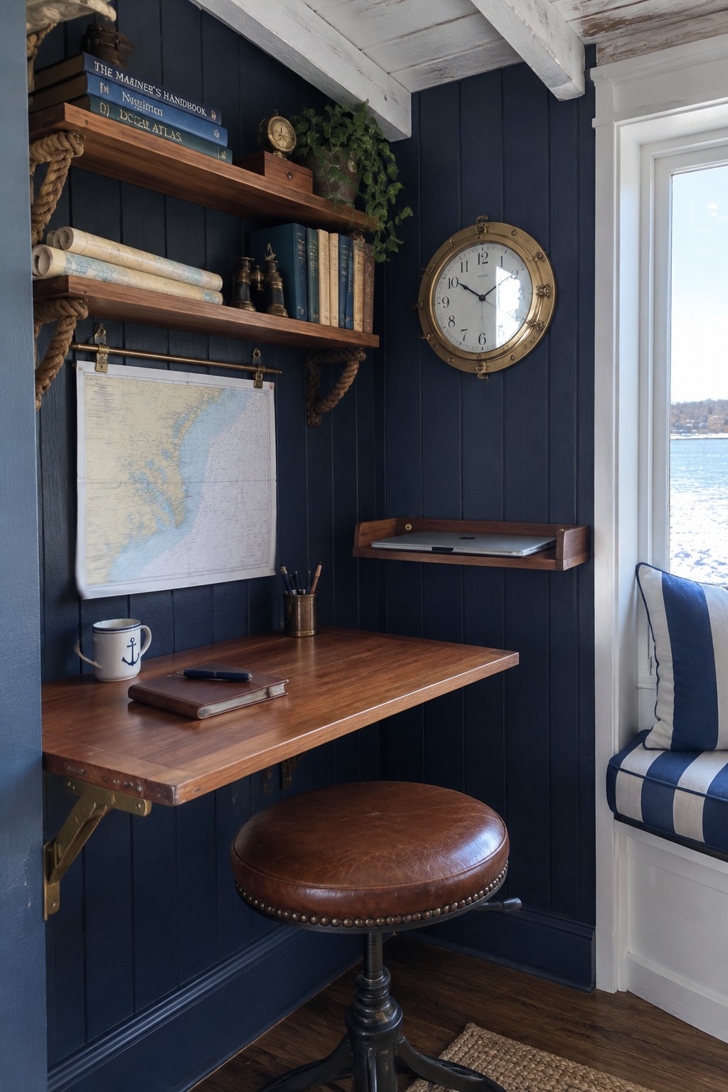 A wall-mounted wooden desk sits beneath shelves and a nautical map in a navy-paneled office nook.