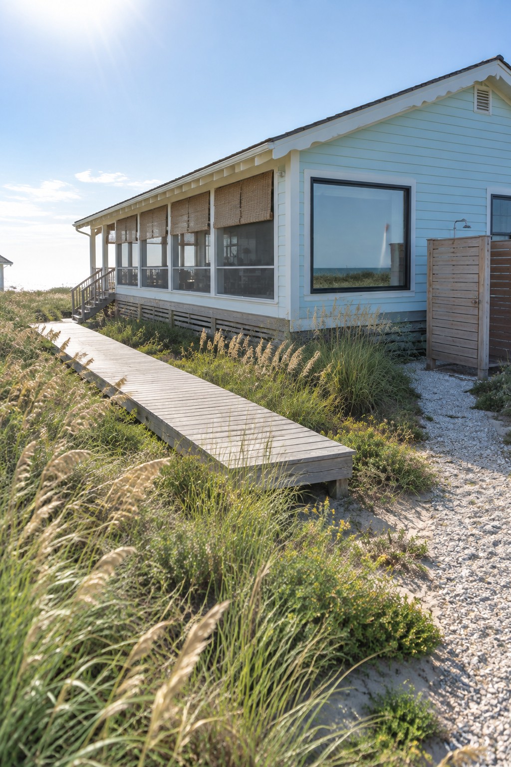 A wooden boardwalk crosses coastal grasses to reach a light blue single-story beach house.