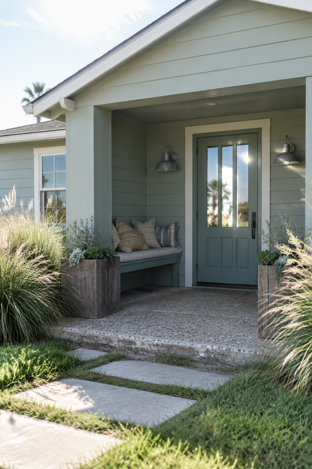 A covered coastal-style porch with a built-in bench, green front door, and wooden planters beside the entry path.