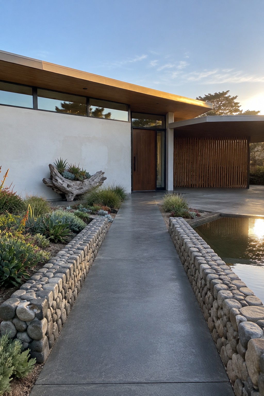 A concrete walkway bordered by low stone walls leads to the wood front door of a modern home.
