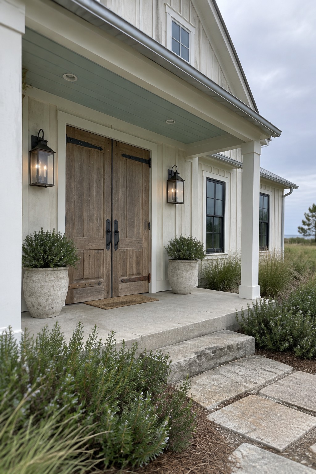 A coastal-style home entry with double wood doors, black lantern lights, white siding, and a covered porch.