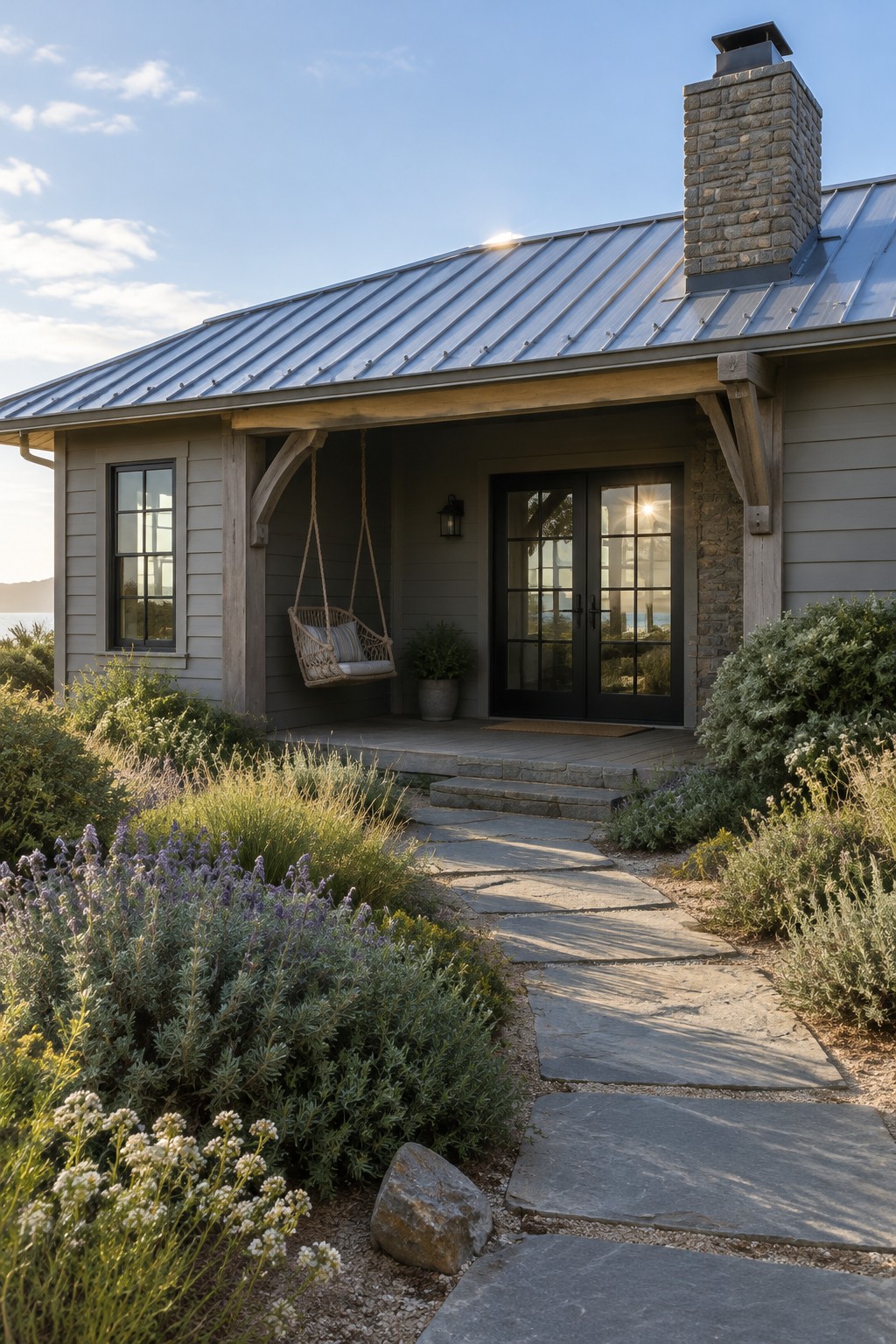 A single-story gray coastal-style house with a standing-seam metal roof, stone chimney, covered porch, and stone walkway.