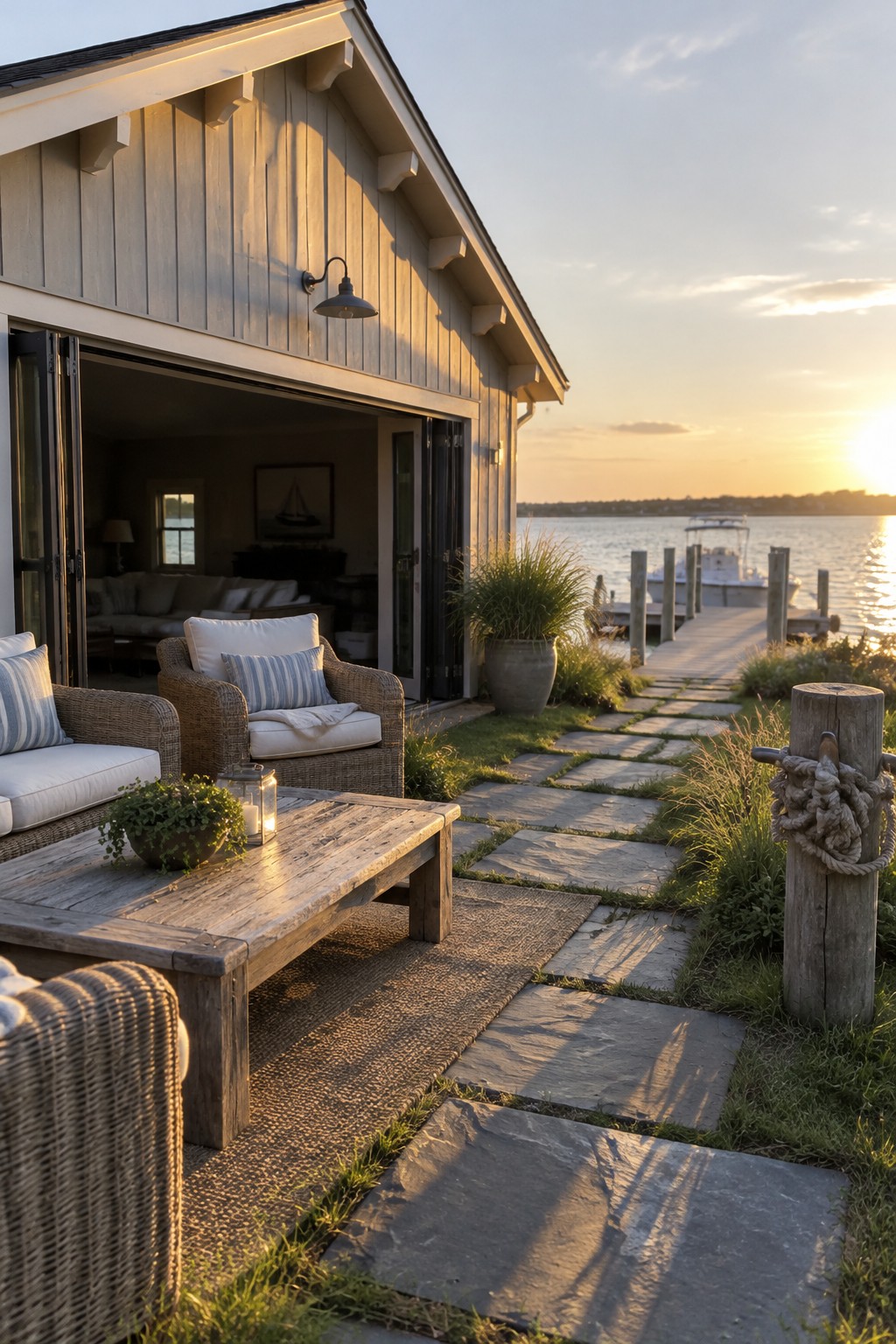 A waterfront home has a stone path leading from a patio seating area to a wooden dock.
