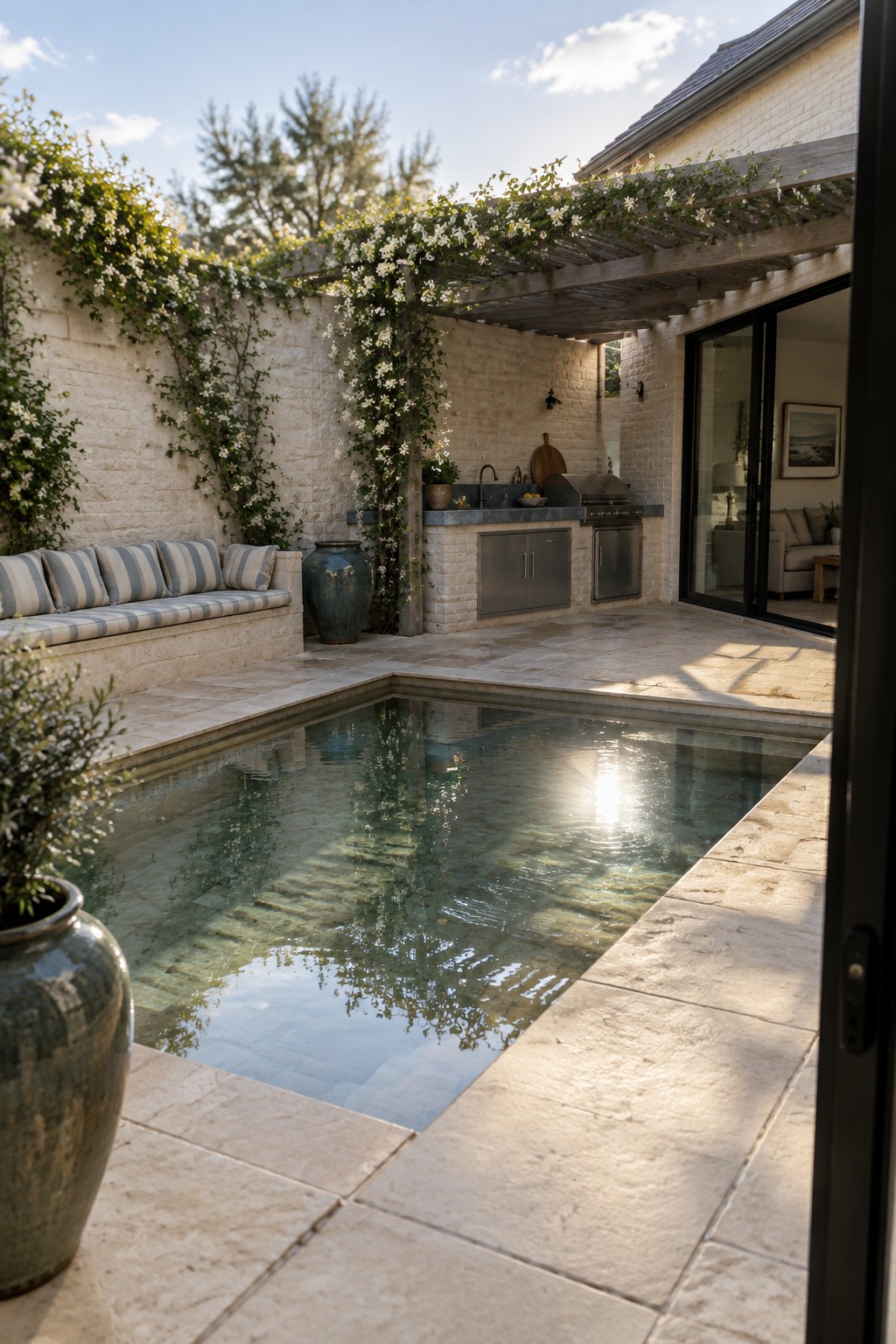A small rectangular pool sits in a stone-paved courtyard with a built-in cushioned bench, white brick walls, and a wooden pergola covered in flowering vines.