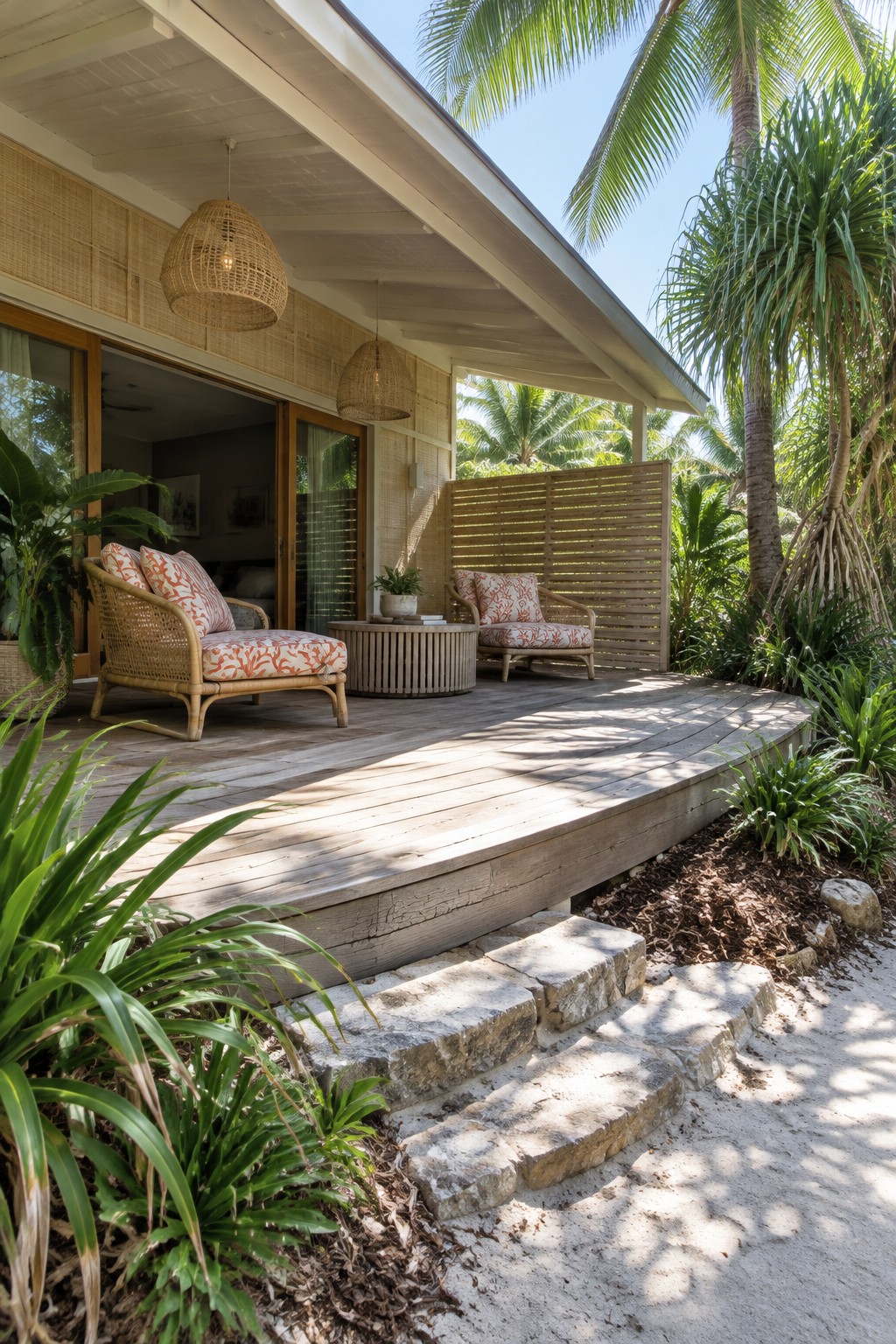 A raised wooden deck beside a coastal home has two wicker chairs, a round table, and a slatted privacy screen.