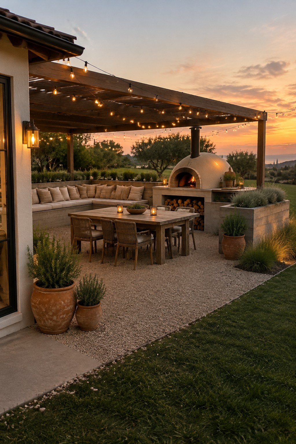 Covered patio with a built-in wood-fired pizza oven, dining table, cushioned seating, and string lights.