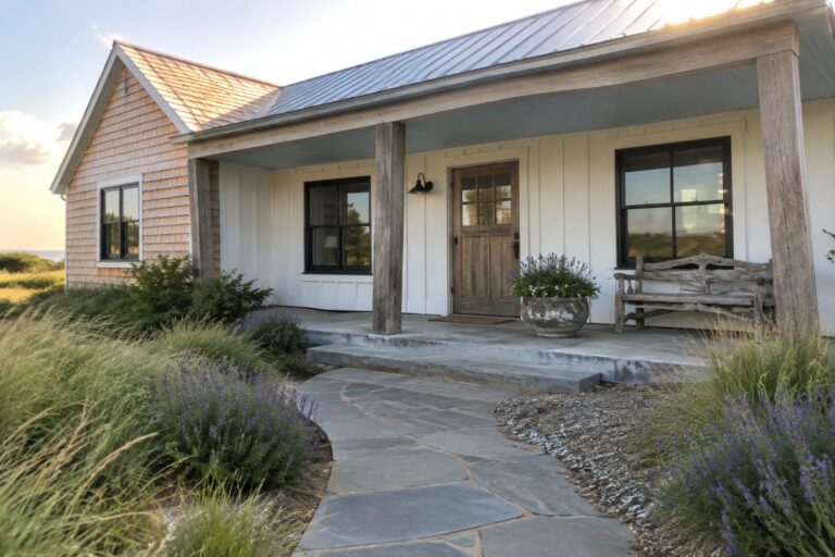 A single-story coastal home with a covered porch, a wooden front door, a bench, and a stone path through ornamental grasses.