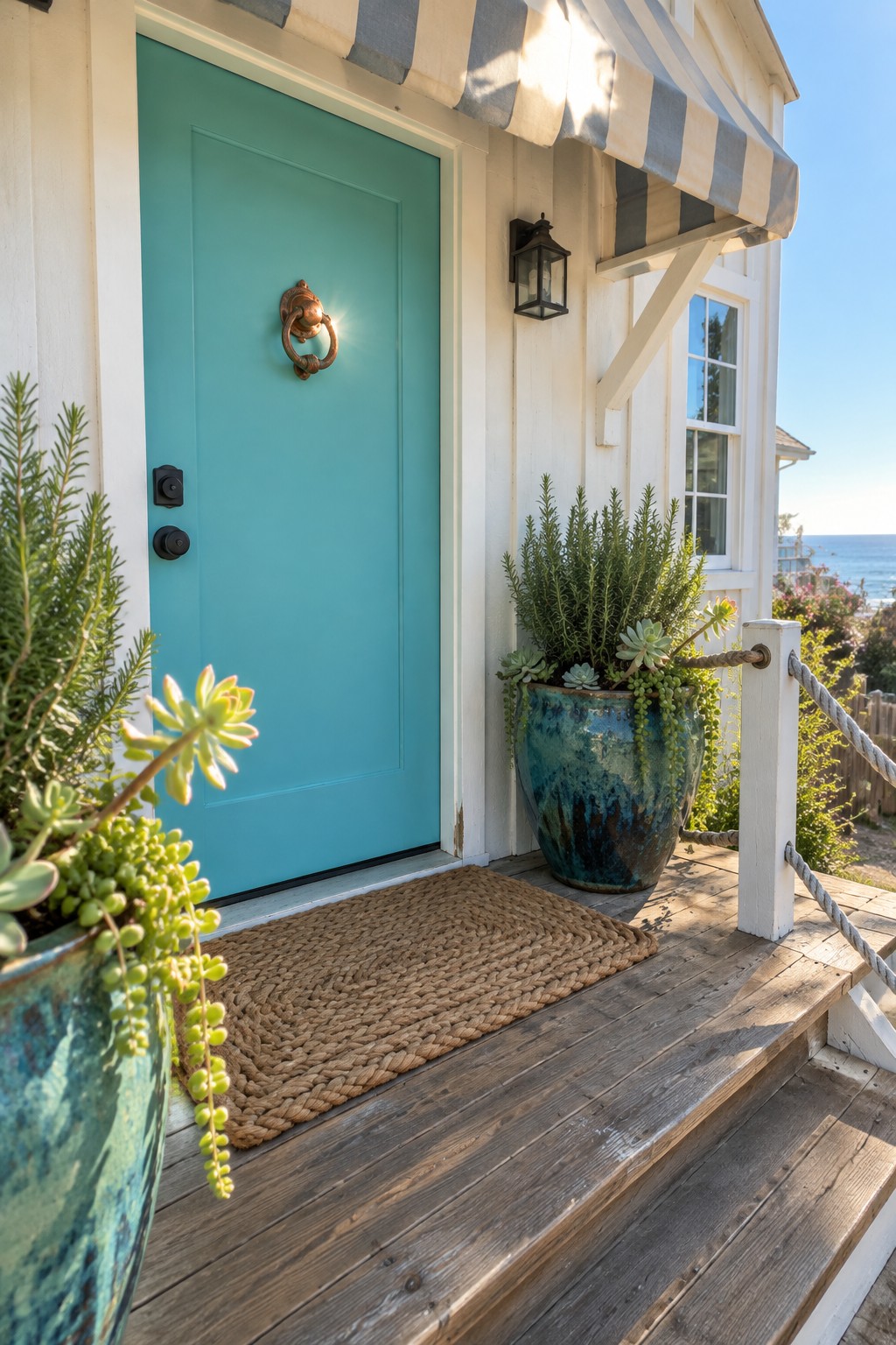 A turquoise front door with dark hardware on a white coastal house, beneath a striped awning.