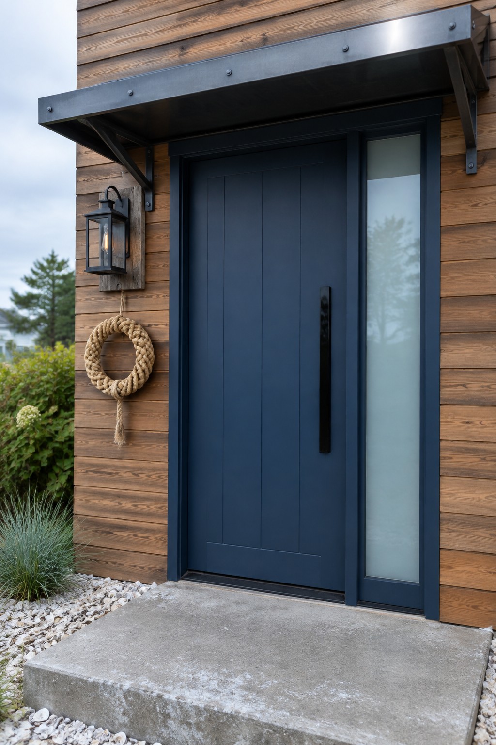 A navy blue front door with a long black handle and narrow glass sidelight on a wood-sided house.