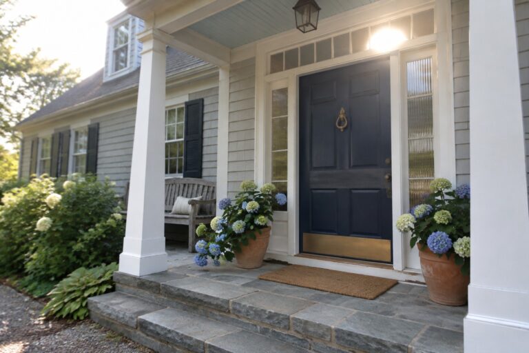 A dark blue front door with brass hardware sits in a white-trimmed entry beneath a covered porch.