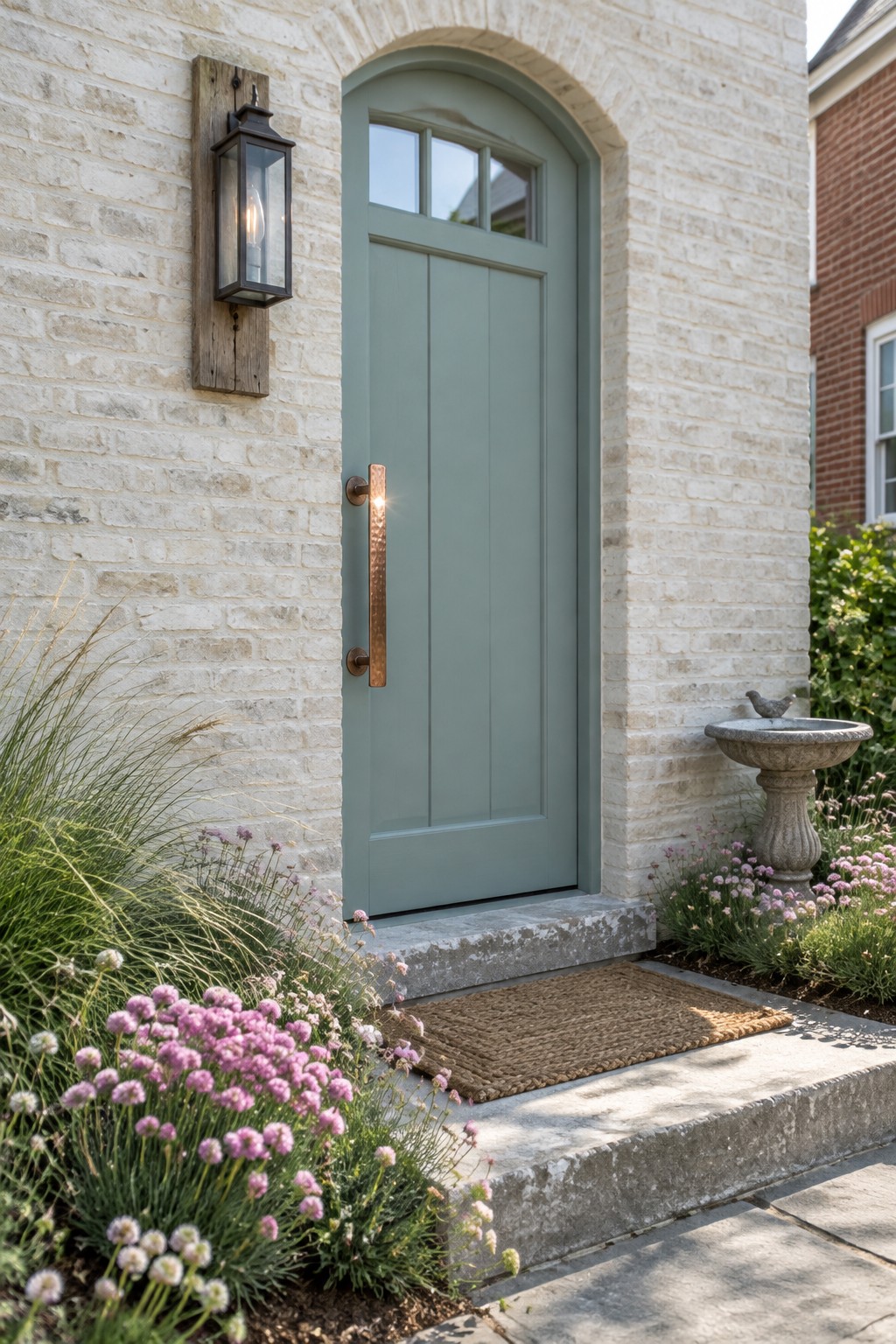 A muted blue front door with a copper handle set in a pale stone arched entry.